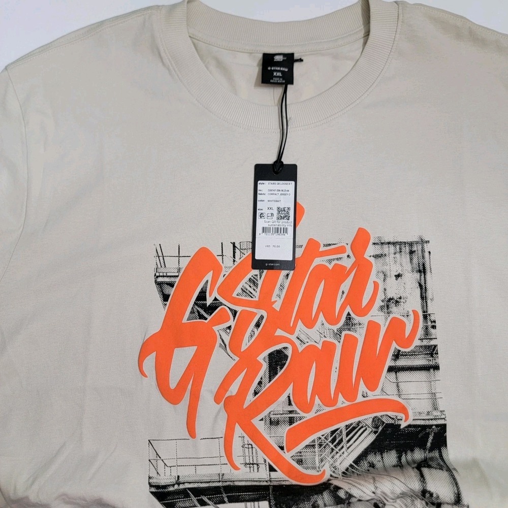 G-Star Raw Men Orange Graphic Print Stairs T-Shirt Beige Size XXL Streetwear NEW